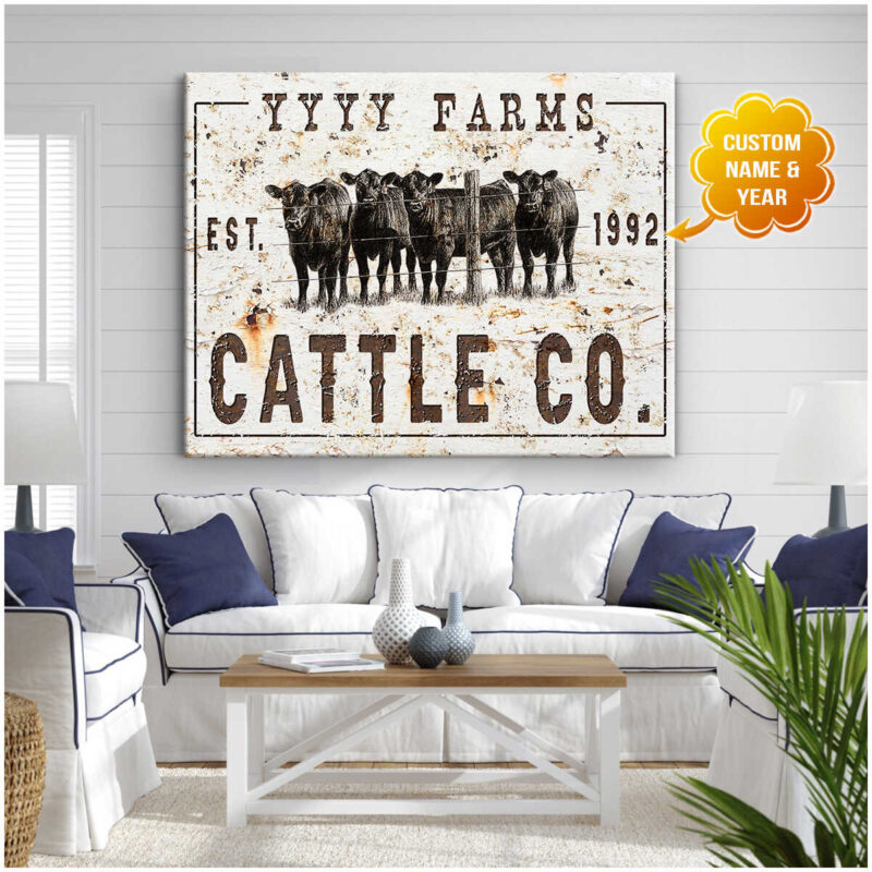 Personalized Name Sign Farmhouse Wall Art Cattle Canvas Print Illustration 3