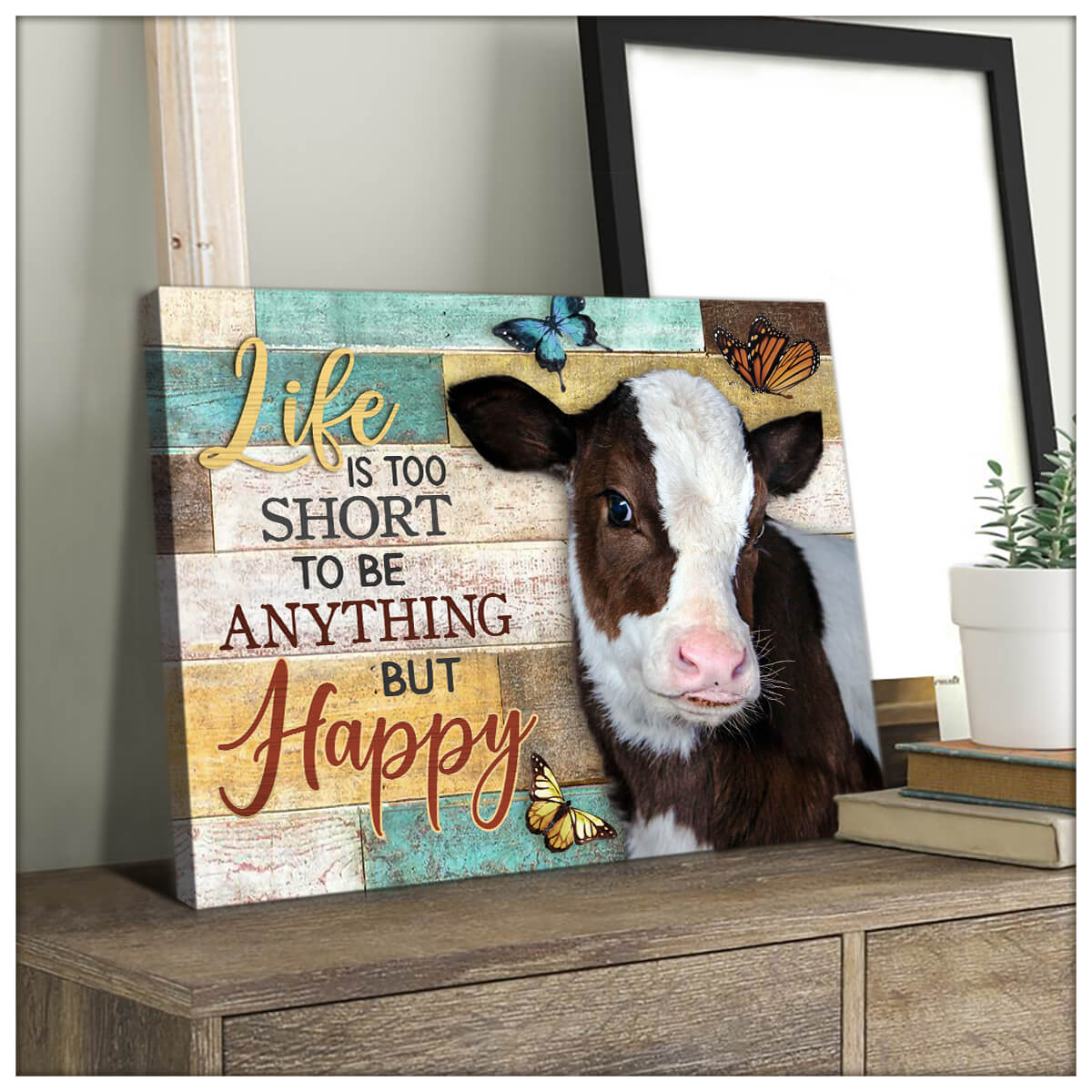 Baby Cow Art Motivational Sign Happy Life Canvas Print - Oh Canvas