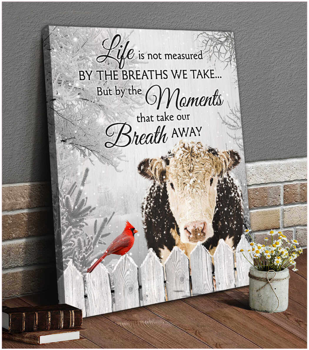 Ohcanvas Hereford Cow and Cardinal Canvas The Moments That Take Our Breath Away Wall Art Decor (illustration-1)