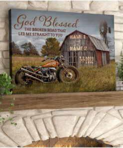 God Blessed The Broken Road Barn And Vintage Motorcycle Wedding Anniversary Gifts Canvas Prints Illustration 1