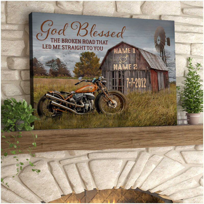 God Blessed The Broken Road Barn And Vintage Motorcycle Wedding Anniversary Gifts Canvas Prints Illustration 1