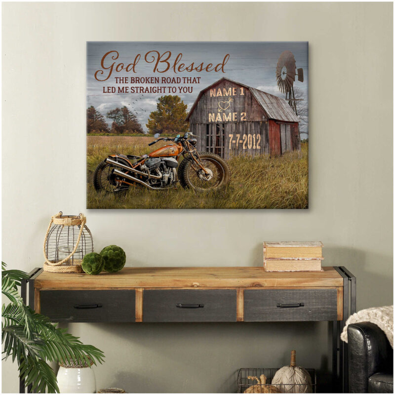 God Blessed The Broken Road Barn And Vintage Motorcycle Wedding Anniversary Gifts Canvas Prints Illustration 2