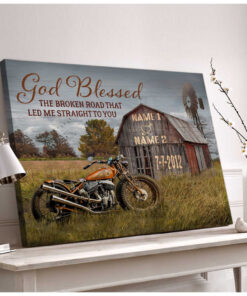 God Blessed The Broken Road Barn and Vintage Motorcycle Wedding Anniversary Gifts Canvas Prints