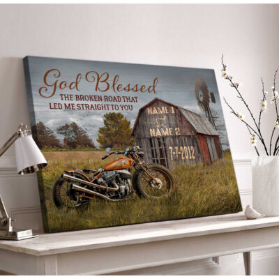 God Blessed The Broken Road Barn and Vintage Motorcycle Wedding Anniversary Gifts Canvas Prints