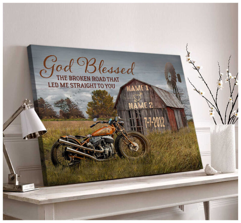 God Blessed The Broken Road Barn And Vintage Motorcycle Wedding Anniversary Gifts Canvas Prints