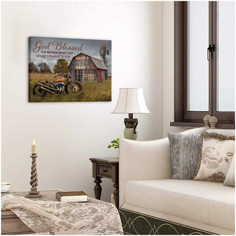 God Blessed The Broken Road Barn And Vintage Motorcycle Wedding Anniversary Gifts Canvas Prints Illustration 3