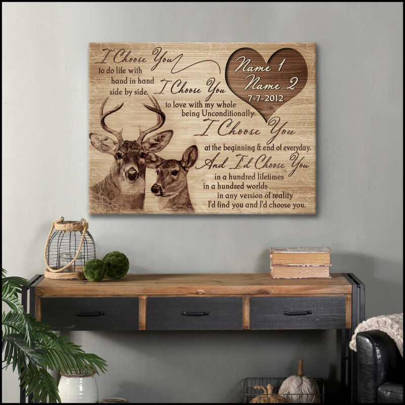 I Choose You Beautiful Buck And Doe Gift For Wedding Anniversary Personalized Canvas Print Illustration 1