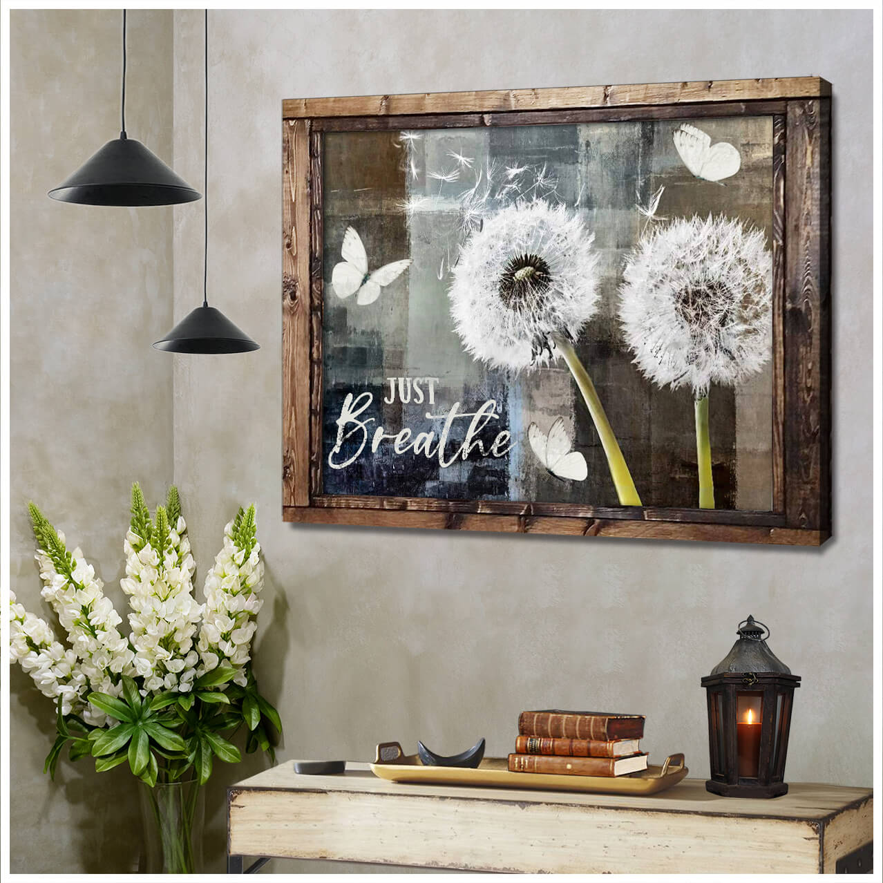 Ohcanvas Brown Vintage Window Dandelion and Butterflies Canvas Just Breathe Wall Art Decor