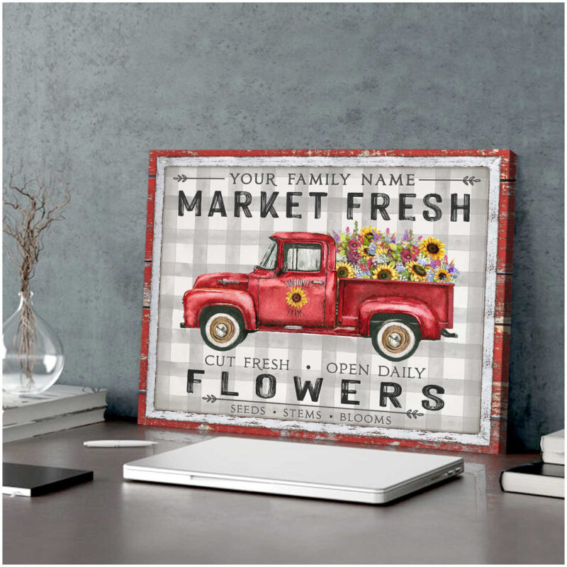 Market Flower Sunflower Pick-Up Truck For Family Personalized Canvas Wall Art Illustration 1