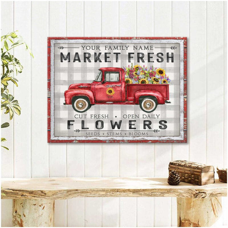 Market Flower Sunflower Pick-Up Truck For Family Personalized Canvas Wall Art Illustration 4