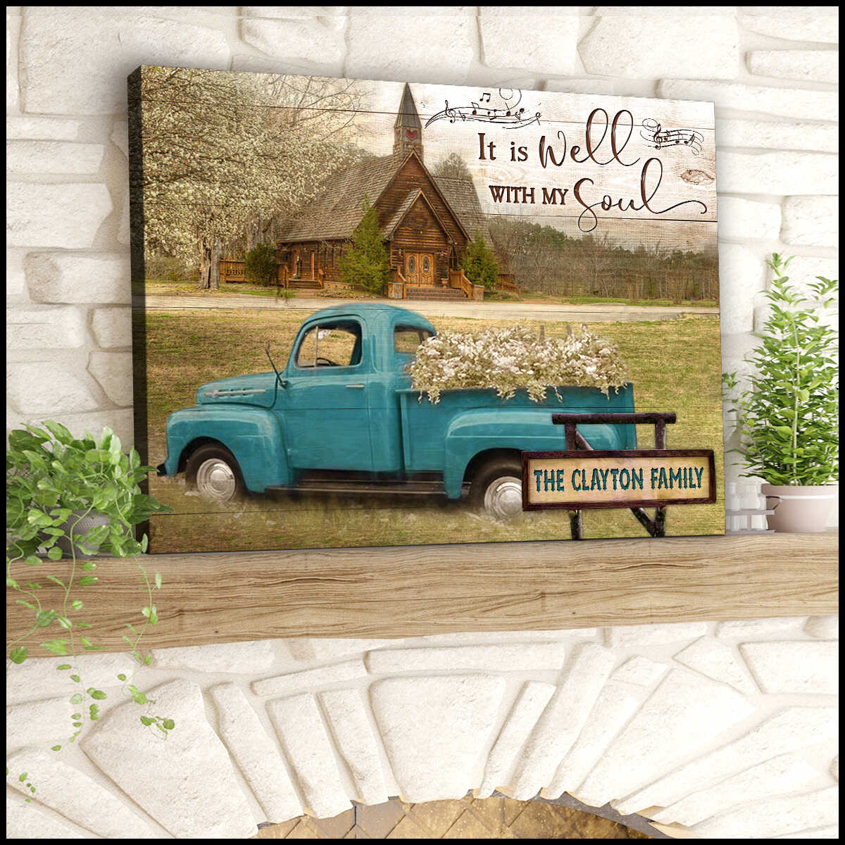 Ohcanvas Personalized Canvas Beautiful Country Church and Floral Truck It Is Well With My Soul Custom Name Canvas Wall Art Decor
