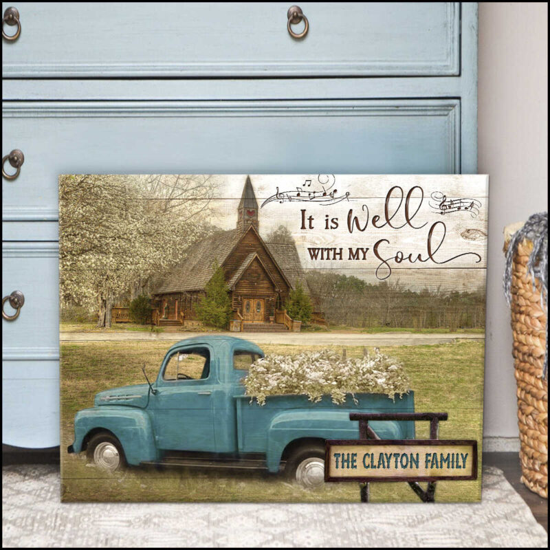 Ohcanvas Personalized Canvas Beautiful Country Church And Floral Truck It Is Well With My Soul Custom Name Canvas Wall Art Decor (Illustration-3)
