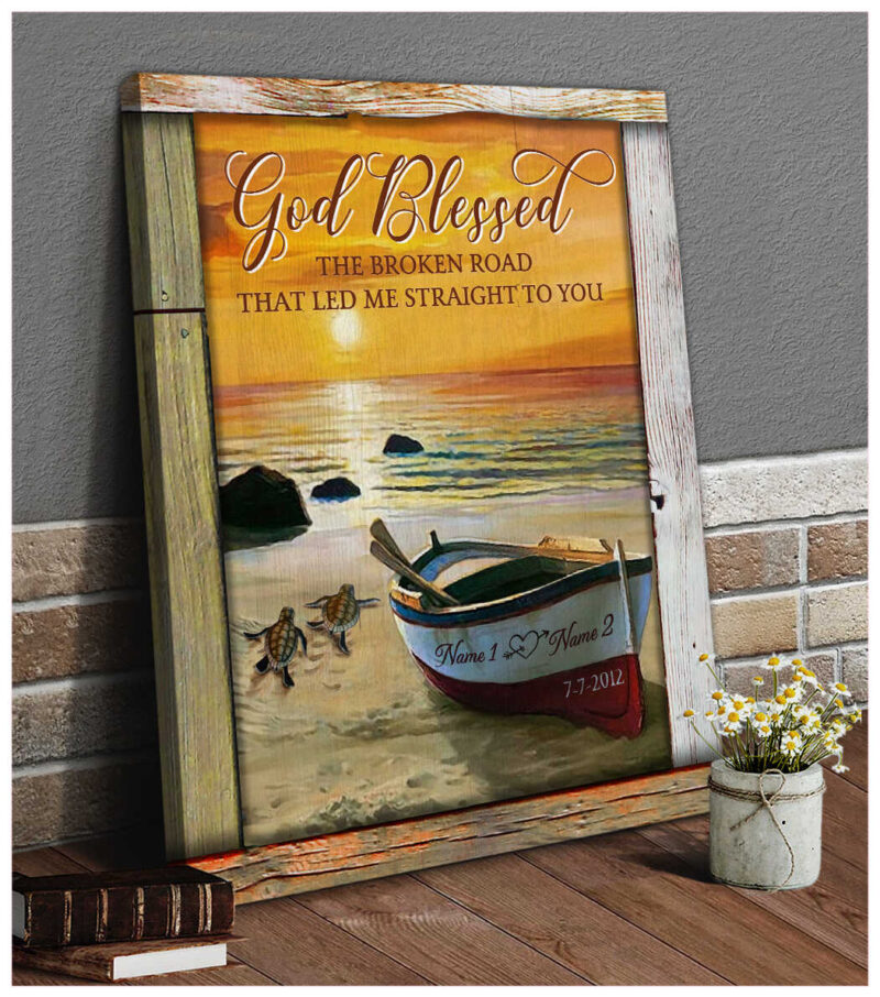 Personalized God Blessed The Broken Road Sunset Beach And Boat Wedding Anniversary Gifts Canvas Print