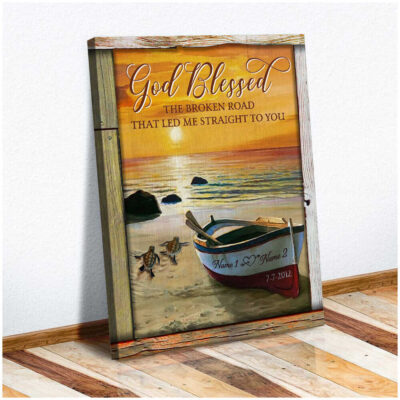 Personalized God Blessed The Broken Road Sunset Beach And Boat Wedding Anniversary Gifts Canvas Print Illustration 1