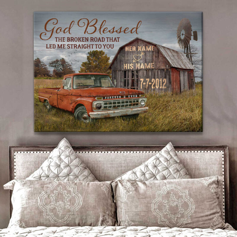 Ohcanvas Classic Ford Truck and Barn God Blessed The Broken Road Custom Name and Date Personalized Canvas Gift For Him Gift For Her