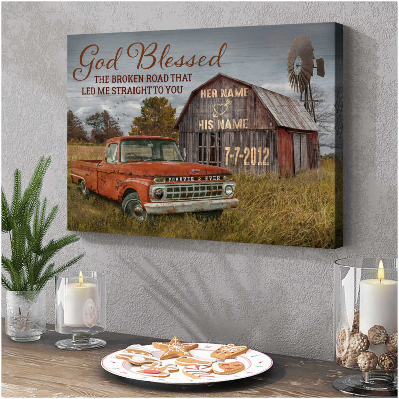 Ohcanvas Classic Ford Truck and Barn God Blessed The Broken Road Custom Name and Date Personalized Canvas Gift For Him Gift For Her