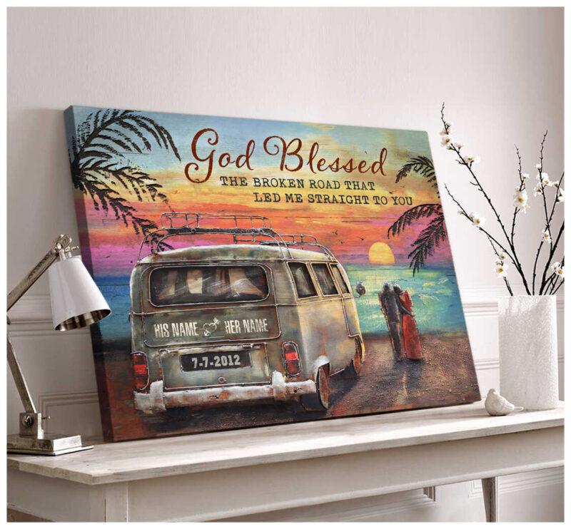 Best Beach Wedding Gift Blessed The Broken Road Camper Van And Couple Sun Gazing Canvas Illustration 1