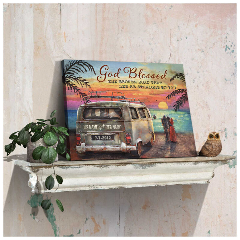 Best Beach Wedding Gift Blessed The Broken Road Camper Van And Couple Sun Gazing Canvas Illustration 2