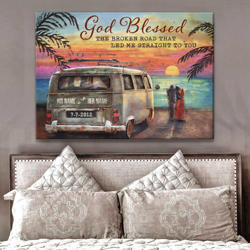 Best Beach Wedding Gift Blessed The Broken Road Camper Van And Couple Sun Gazing Canvas Illustration 3