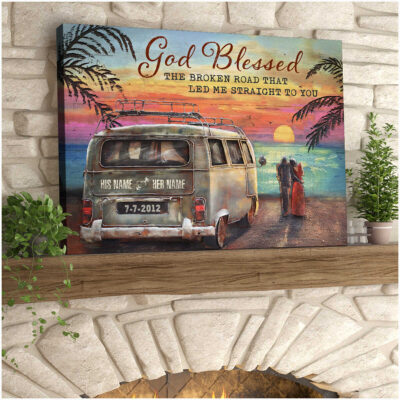 Best Beach Wedding Gift Blessed The Broken Road Camper Van And Couple Sun Gazing Canvas Illustration 4