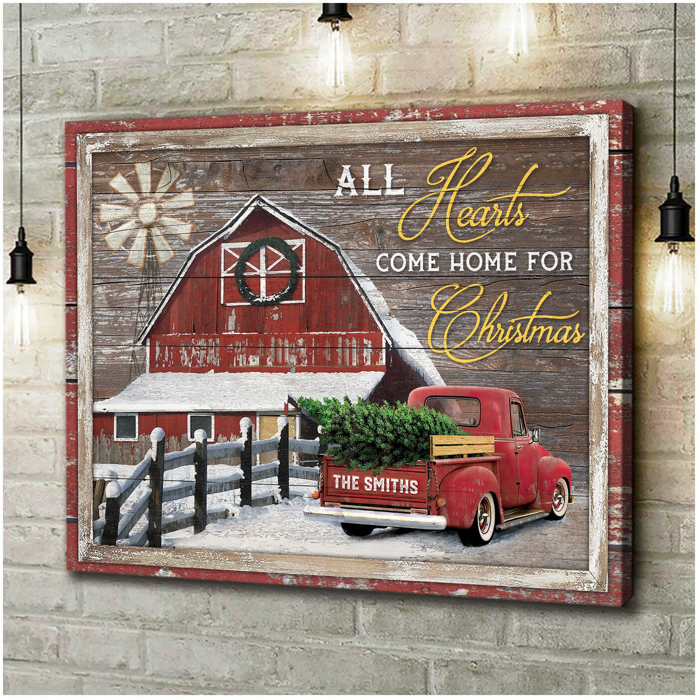 Primitive Red Truck All Hearts Come Home Christmas Shiplap Farmhouse Print 8x10 