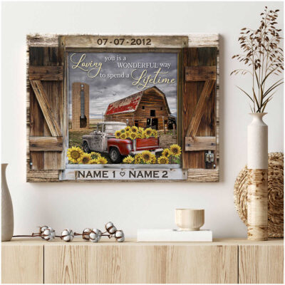 Anniversary Wedding Gifts Wood Window Rustic Barn And Sunflower Truck Custom Canvas Prints Illustration 2