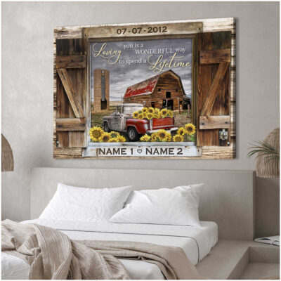 Anniversary Wedding Gifts Wood Window Rustic Barn and Sunflower Truck Custom Canvas Prints