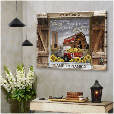 Anniversary Wedding Gifts Wood Window Rustic Barn And Sunflower Truck Custom Canvas Prints Illustration 3