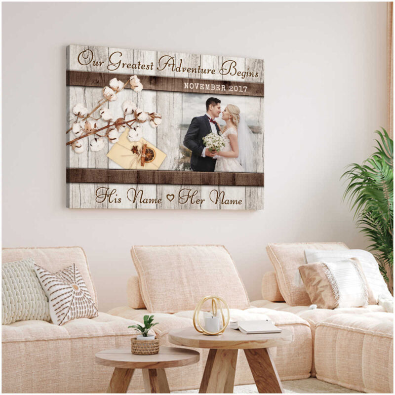 Customized Wedding Gift For Her With Our Greatest Adventure Begins Canvas Wall Art Illustration 1