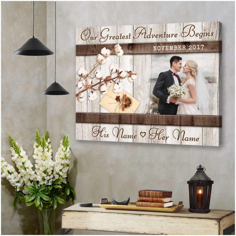 Customized Wedding Gift For Her With Our Greatest Adventure Begins Canvas Wall Art Illustration 2