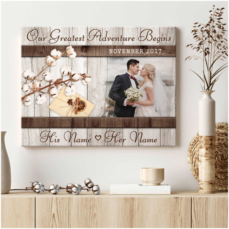 Customized Wedding Gift For Her With Our Greatest Adventure Begins Canvas Wall Art Illustration 3