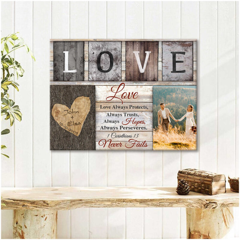 Customized Christian Wedding Gift Love Never Fails 1 Corinthians 13 Canvas Print