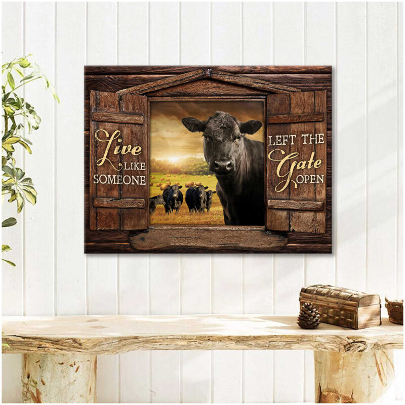 Canvas Wall Art Decor Black Angus Cow And Herd Looking Over Rustic Window Live Like Someone Left The Gate Open Ohcanvas (Illustration-1)