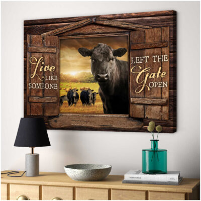 Canvas Wall Art Decor Black Angus Cow And Herd Looking Over Rustic Window Live Like Someone Left The Gate Open Ohcanvas