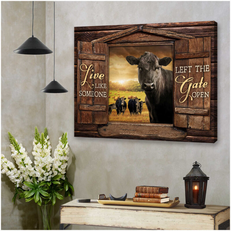 Canvas Wall Art Decor Black Angus Cow And Herd Looking Over Rustic Window Live Like Someone Left The Gate Open Ohcanvas (Illustration-2)
