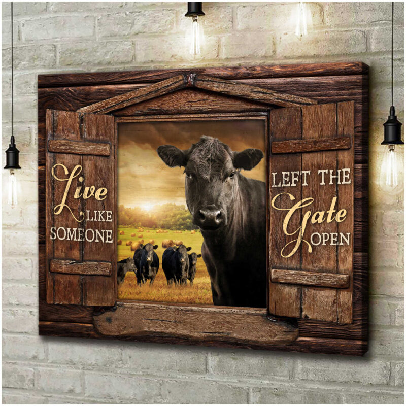 Canvas Wall Art Decor Black Angus Cow And Herd Looking Over Rustic Window Live Like Someone Left The Gate Open Ohcanvas (Illustration-3)