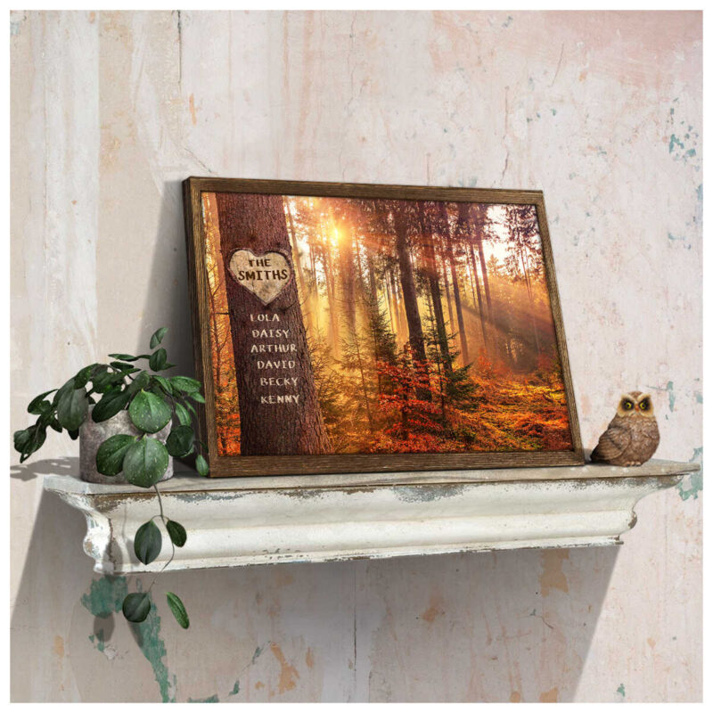 Personalized Name Gifts Beautiful Autumn Forest Carved Tree Canvas Illustration 1