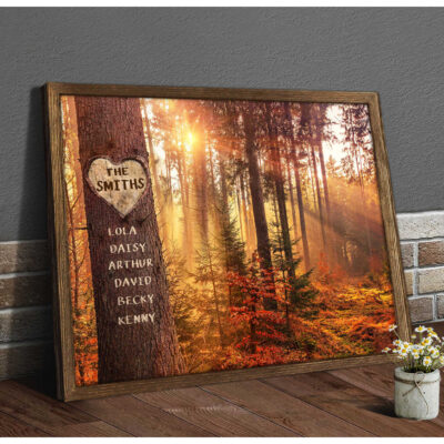 Personalized Name Gifts Beautiful Autumn Forest Carved Tree Canvas Illustration 2
