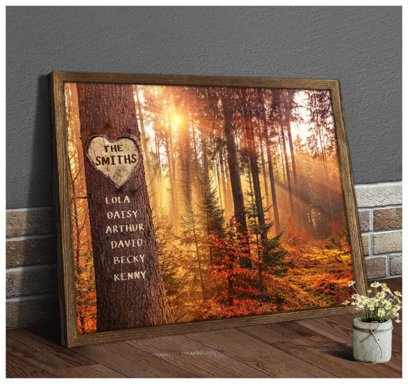 Personalized Name Gifts Beautiful Autumn Forest Carved Tree Canvas Illustration 2