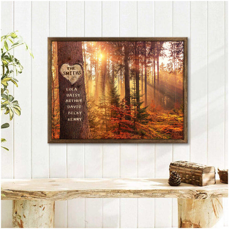 Personalized Name Gifts Beautiful Autumn Forest Carved Tree Canvas Illustration 3