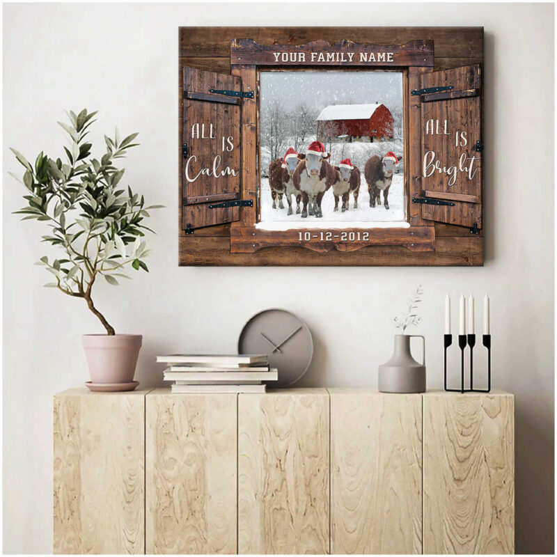 Custom Canvas Prints Christmas Farmhouse Gift Window Hereford Cows All Is Calm All Is Bright Ohcanvas (Illustration-2)