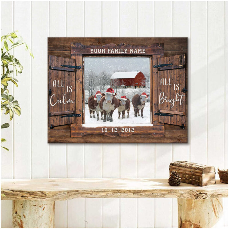 Custom Canvas Prints Christmas Farmhouse Gift Window Hereford Cows All Is Calm All Is Bright Ohcanvas (Illustration-3)