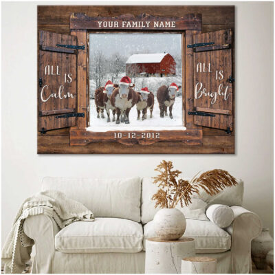 Custom Canvas Prints Christmas Farmhouse Gift Window Hereford Cows All Is Calm All Is Bright Ohcanvas