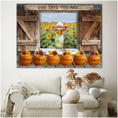 Personalized Pumpkin God Says You Are Family Gifts Rustic Window and Sunflower Canvas Print Home Decor