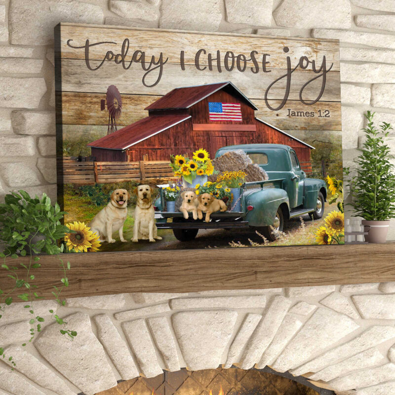 Canvas Print Labrador Retrievers And Sunflower Truck Today I Choose Joy Illustration 2