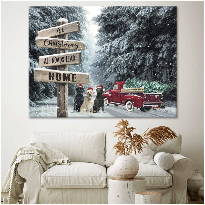 Canvas Wall Decor Christmas Gifts Red Truck And Labrador Retriever Illustration 2
