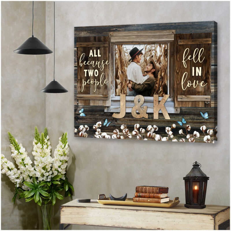 Personalized Wedding Present Rustic Window With Cotton Flowers Canvas Print