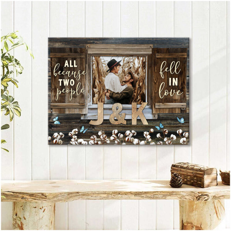 Personalized Wedding Present Rustic Window With Cotton Flowers Canvas Print