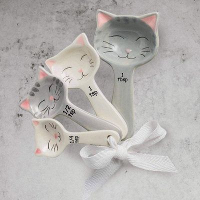 Cat Shaped Ceramic Measuring Spoons With Tie Ribbon - Gift For Cat