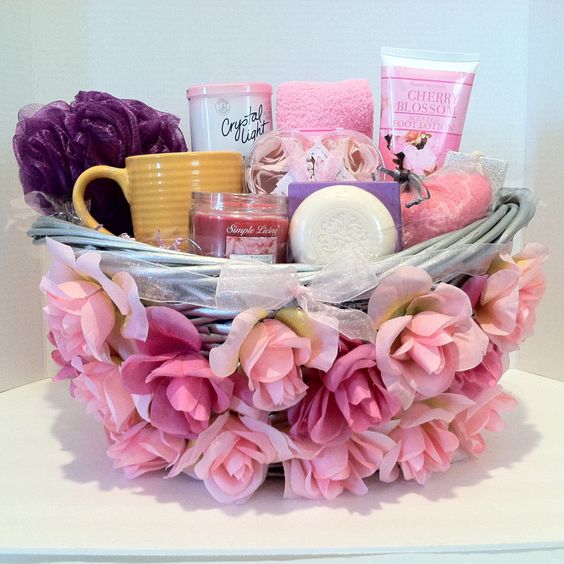 Romantic Valentine's day gifts for girlfriend- self care cherry basket with pink roses